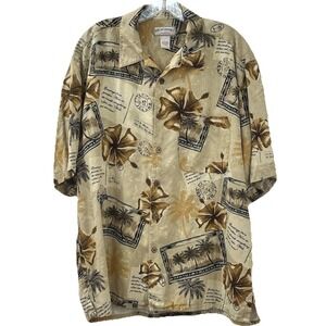Boca Classics Island Wear Mens Hawaiian Shirt L Tan 100% Silk Tropical Postcards